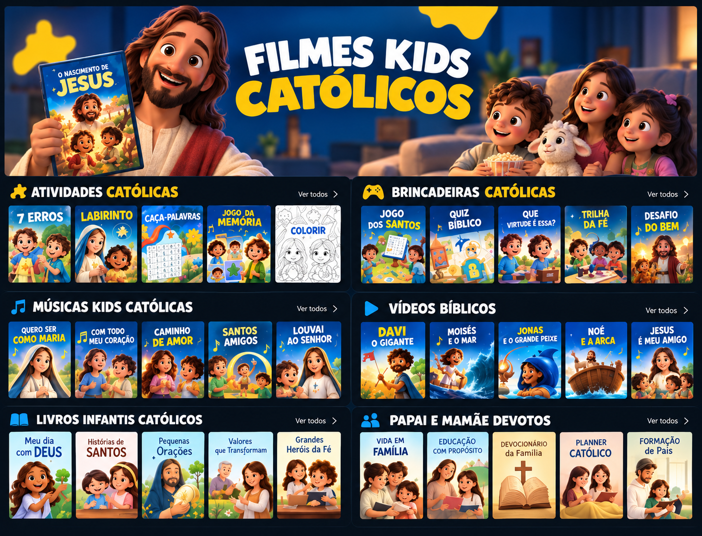 Catálogo de filmes, atividades, brincadeiras, músicas, vídeos e livros católicos infantis